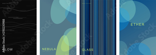 Luxury Abstract Editorial Poster Set with Wave Lines, Glass Stripes, Nebula Shapes and Ether Gradient