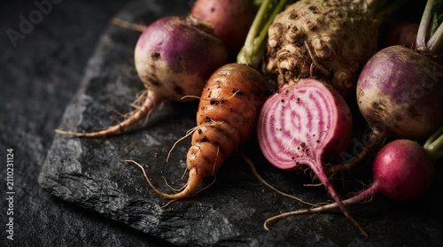 Heirloom root vegetables styled on dark slate with rich texture and premium gourmet presentation