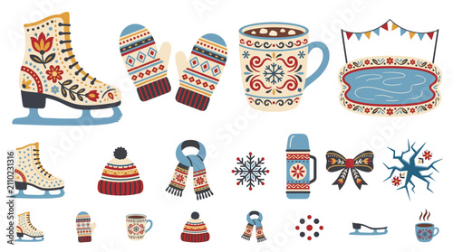 Decorative Winter Ice Skating Folk Art Illustration Set with Skates Mittens and Hot Cocoa transparent background