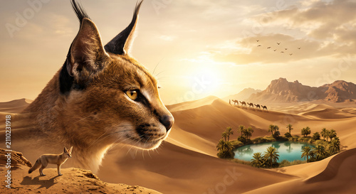 Majestic caracal wildcat portrait in a surreal desert landscape with lush oasis sand dunes camel caravan and golden sunset