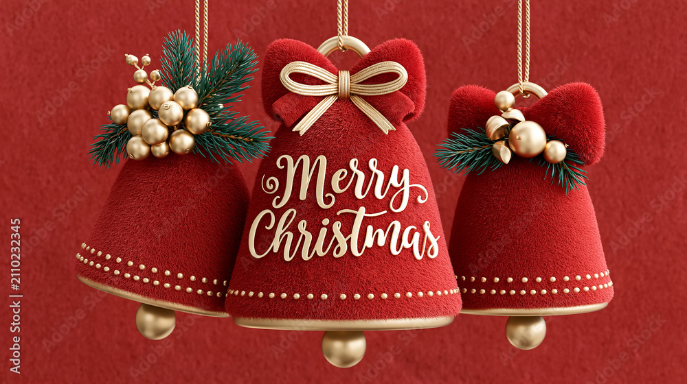 Obraz premium Fluffy soft bell, Christmas ball, berry. Merry Christmas card on a red background.