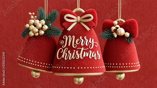 Fluffy soft bell, Christmas ball, berry. Merry Christmas card on a red background.