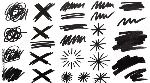 Hand drawn black marker strokes and cross signs isolated on white paper creating a diverse collection of abstract graphic elements