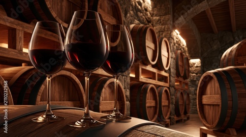 Three wine glasses on a barrel in a historic wine cellar with oak barrels and stone walls, capturing an elegant tasting experience.