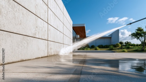 Modern home exterior being pressure washed, showcasing clean concrete wall and vibrant landscaping under a clear blue sky.