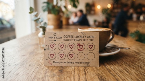 Coffee loyalty card on wooden table with cup and saucer for cafe loyalty program background poster and banner design