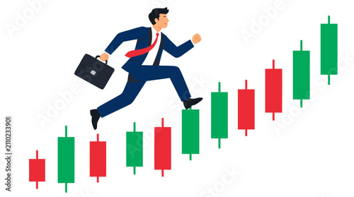 Confident Businessman in Blue Suit Powerfully Leaping Forward Over Ascending Candlestick Stock Chart, Carrying Black Briefcase - Financial Success, Market Growth, Trading, and Investment Momentum