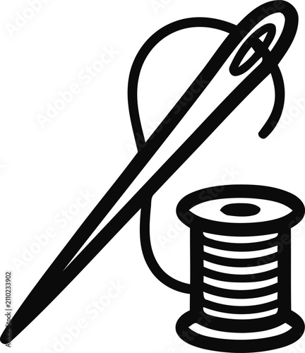 Obraz na plátne Minimalist sewing needle and thread spool icon, black line art tailoring equipme