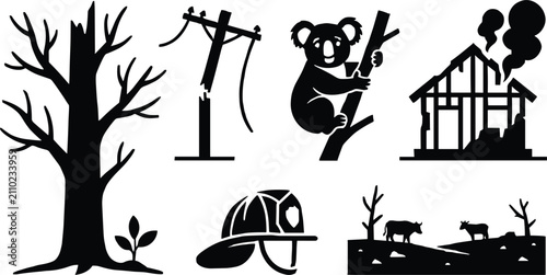A collection of black silhouettes featuring a dead tree, a broken utility pole, a koala, a house, a helmet, and cows in a field