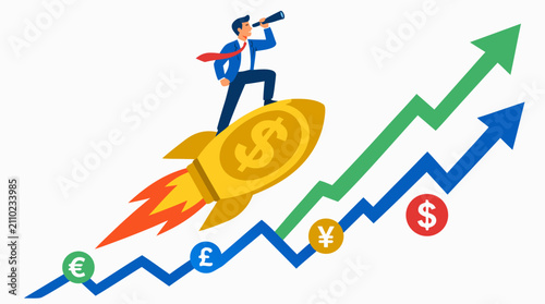 Ambitious investor standing on a powerful rocket-shaped dollar coin soaring upward, telescope in hand, navigating rising exchange rate charts and global currency fluctuations in dynamic financial