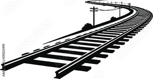 Black and white silhouette of a curved railway track with utility poles and power lines on a white background