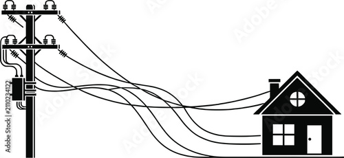Black silhouette of a residential house connected to a tall utility pole with electrical power lines and cables