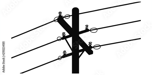 Black silhouette of an electrical utility pole with power lines and insulators, isolated on a white background