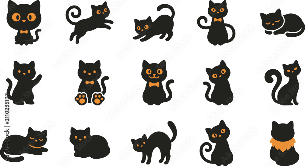Obraz premium Cute Black Cat Vector Set Halloween Kitty Poses Clipart Collection