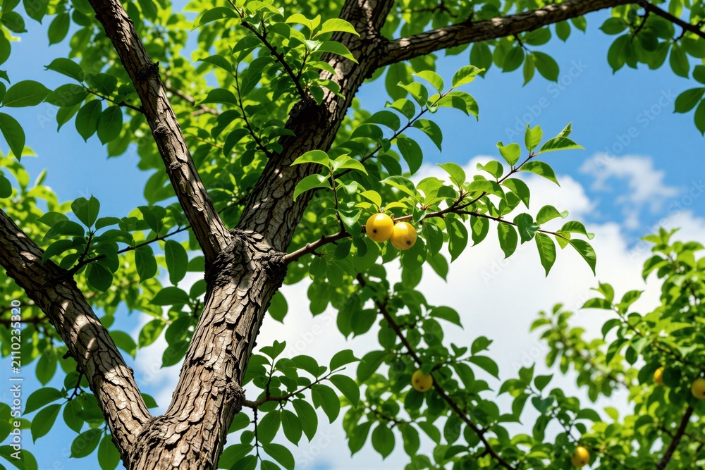 Fototapeta premium Bark texture tree branches with green leaves and yellow fruits against blue sky. Close up of woody plant with bright sunlight. Natural scene.