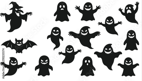 Cuadro en lienzo Set of halloween ghosts and bat silhouettes