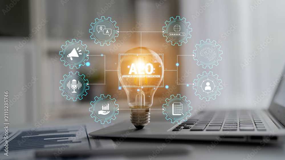 Fototapeta premium Light Bulb Symbolizing Innovation and Ideas in Business with Digital Icons for Technology and Development. Glyphic.