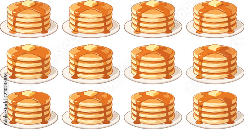 Schilderij op canvas A grid of twelve identical stacks of fluffy pancakes topped with melting butter