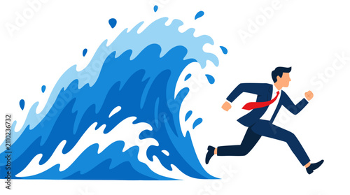 Businessman escaping massive tsunami wave - professional man sprinting away from crashing blue water, metaphor for business crisis, financial disaster and economic emergency challenge