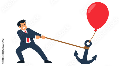 Struggling businessman pulling rope tied to heavy anchor and bright red balloon - overcoming obstacles, breaking constraints, business ambition, and professional success concept