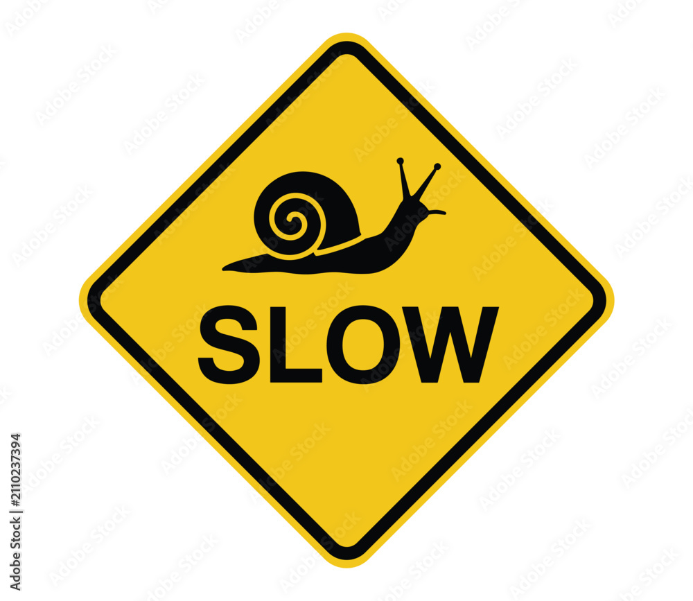 Obraz premium Caution: Slow Down - Snail Crossing Warning Sign: A bright yellow, diamond-shaped warning sign featuring a black silhouette of a snail moving slowly across a road.
