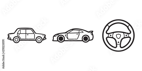 Car and driving vector line icons set including classic sedan, sports car, and steering wheel isolated on white background