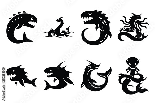 Collection set of halloween sea monster silhouette icon and Vector illustration on white background.