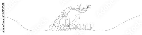One Line Drawing of Business Startup Concept with Rocket Launch Innovation Idea and Teamwork Vector