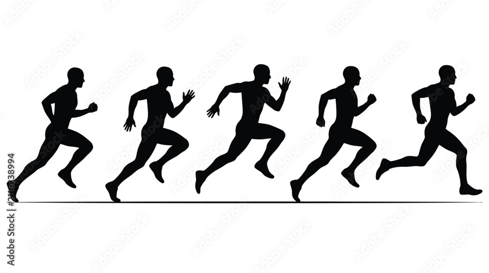 Obraz premium Five black silhouettes of muscular men running in a sequence across a clean white isolated background