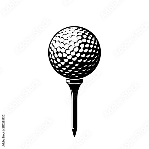 Black and white illustration of a golf ball resting on a tee, classic sports equipment icon for golf club logo or tournament design element isolated on transparent background