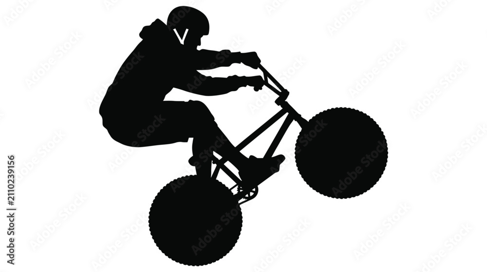 Fototapeta premium A bold black silhouette of a cyclist performing a stunt on a rugged mountain bike