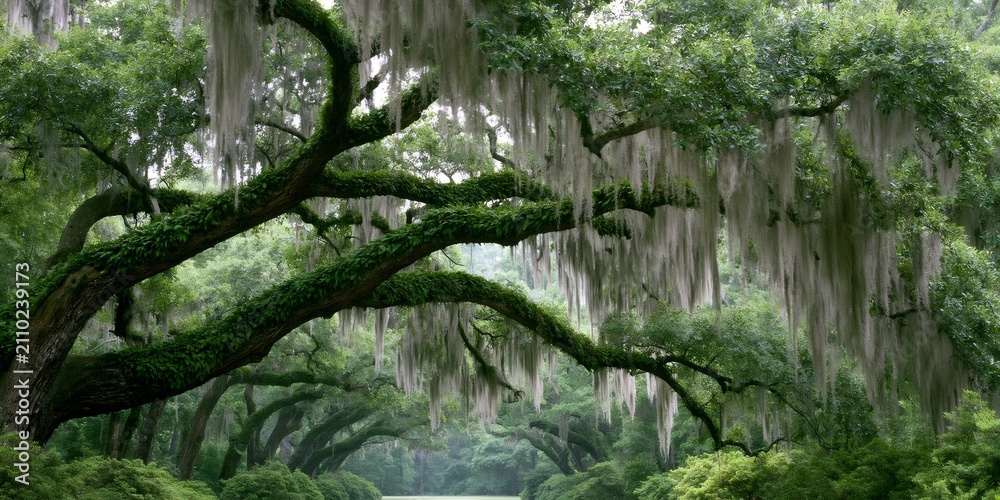 Fototapeta premium Live oak trees draped with spanish moss in a forest