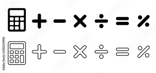 Obraz na plátne Calculator and math icon set with arithmetic symbols in outline and solid styles