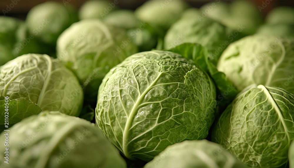 Fototapeta premium Abundant Fresh Organic Green Cabbage Heads Perfectly Arranged in a Tight Full Frame Close Up Shot.