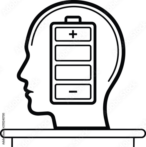 Mind battery icon inside head profile vector art for concept of energy