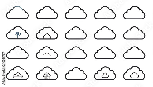 Set of pixel art cloud icons for data storage and network services, digital storage, online backup, cloud computing symbols