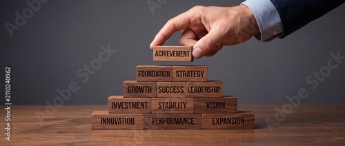 Businessman stacking wooden blocks with words representing growth strategy and success in a professional setting with block labeled achievement