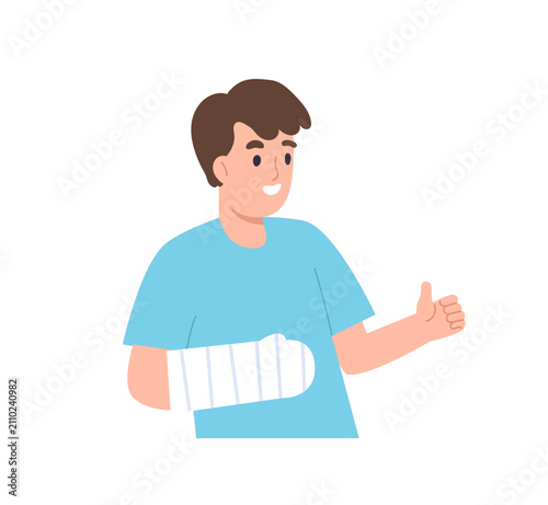 Man with broken arm making thump up gesture. Flat vector illustration of orthopedic, recovery, medical treatment, arm cast, splint. Bone fracture patient cartoon character.