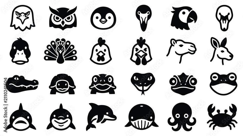 Fototapeta premium Set of black and white hand drawn animal icons featuring various wildlife species in a doodle style