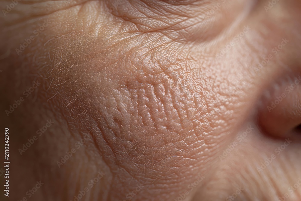 Fototapeta premium Macro detail of woman skin showing texture and wrinkle. Concept of aging, dermatology, and hormonal change. Skin care and beauty treatment for natural and mature female epidermis.