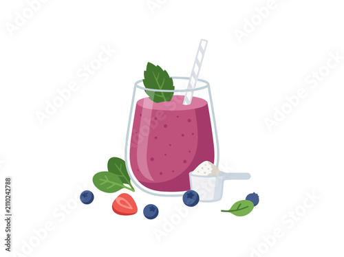 A refreshing berry smoothie in a glass, garnished with mint and surrounded by fresh berries and a scoop of protein powder