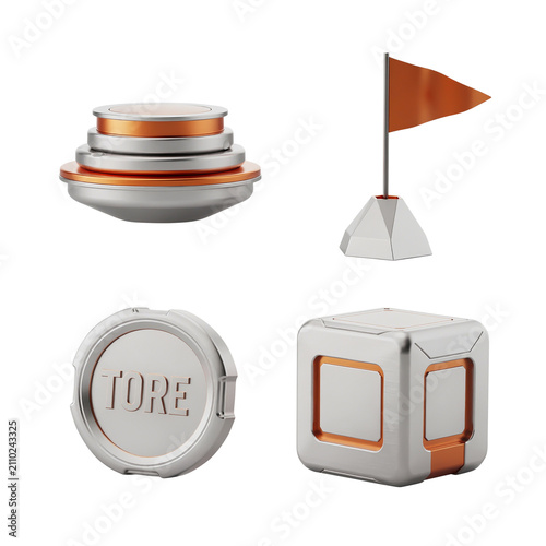 3D Metallic Futuristic Geometric Object Set PNG
