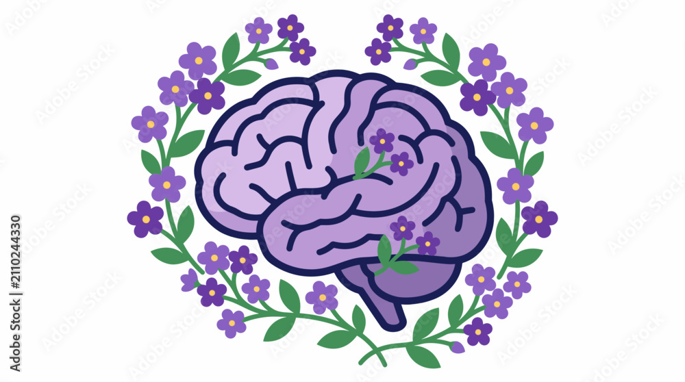 Obraz premium Human brain surrounded by forget-me-not flowers. Mental health and memory care concept art.