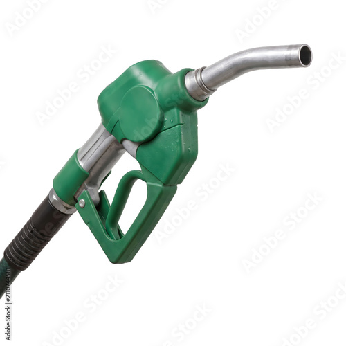 Green petrol station fuel pump nozzle isolated on transparent background closeup view for industrial vehicle filling equipment concept design element 