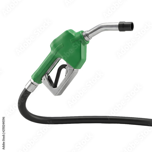 Industrial green petrol pump nozzle isolated on transparent background for vehicle refuelling concept 