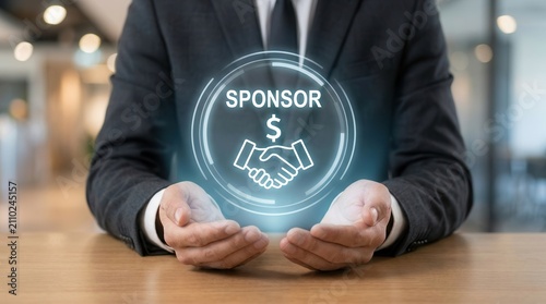 Businessman showing a sponsor icon on a virtual screen for a sponsorship concept.