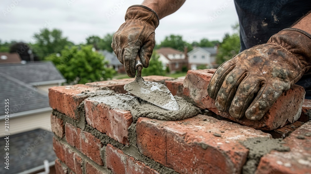 Naklejka premium A professional worker installing a chimney cap on a brick chimney during masonry maintenance.