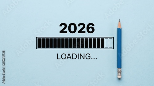 2026 loading progress bar with a pencil on blue background