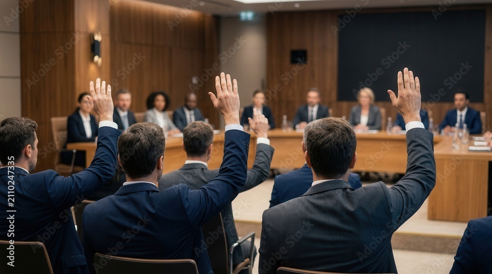 Fototapeta premium Business partners in suits raise hands during a corporate meeting vote.