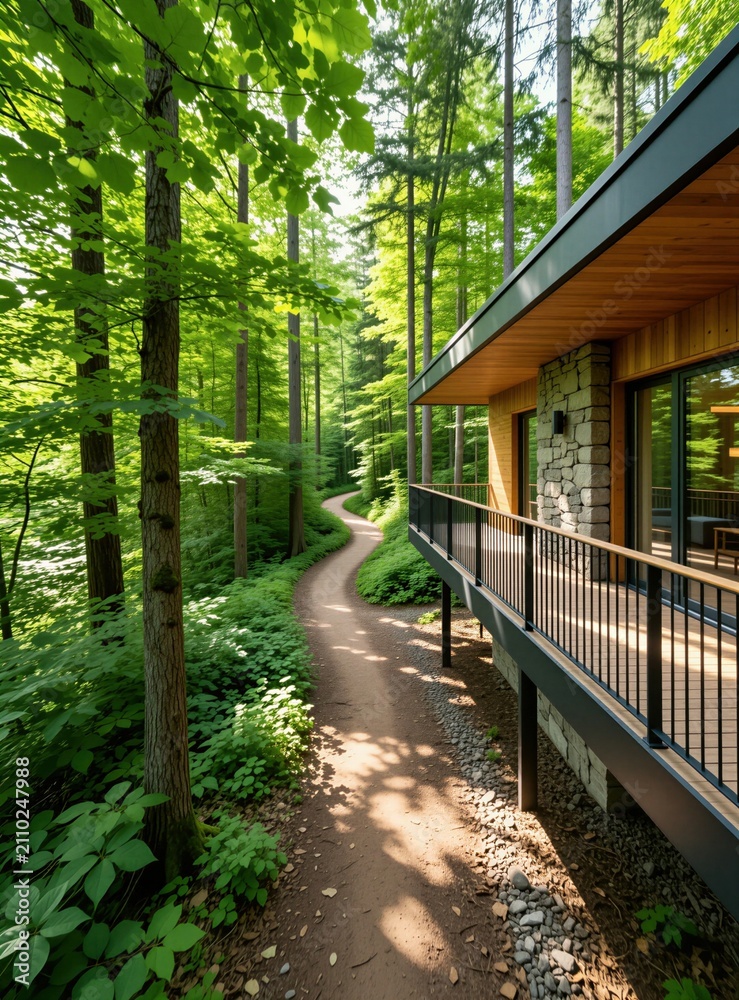 Obraz premium Modern house with balcony in green forest. Winding dirt path leads through trees. Peaceful nature retreat with wood architecture and outdoor living space.